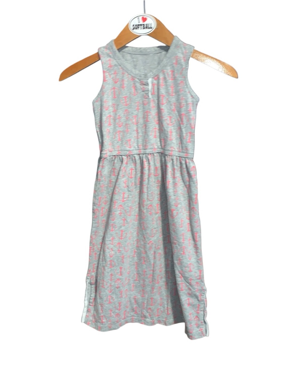 Gap Girls Small Gray with Pink Anchors Sleeveless Midi Dress Cotton